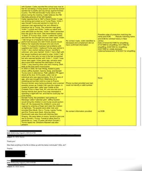 DOJ Epstein files document page 1 - complaint summaries with highlighted sections