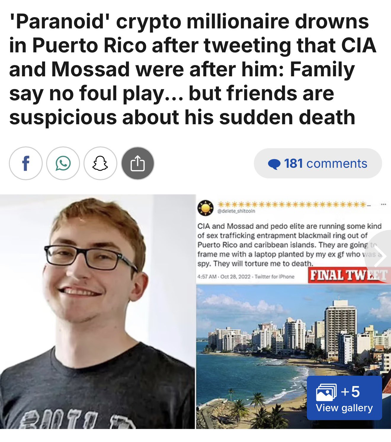 Daily Mail headline: 'Paranoid' crypto millionaire drowns in Puerto Rico after tweeting that CIA and Mossad were after him — with Mushegian's photo and his final tweet