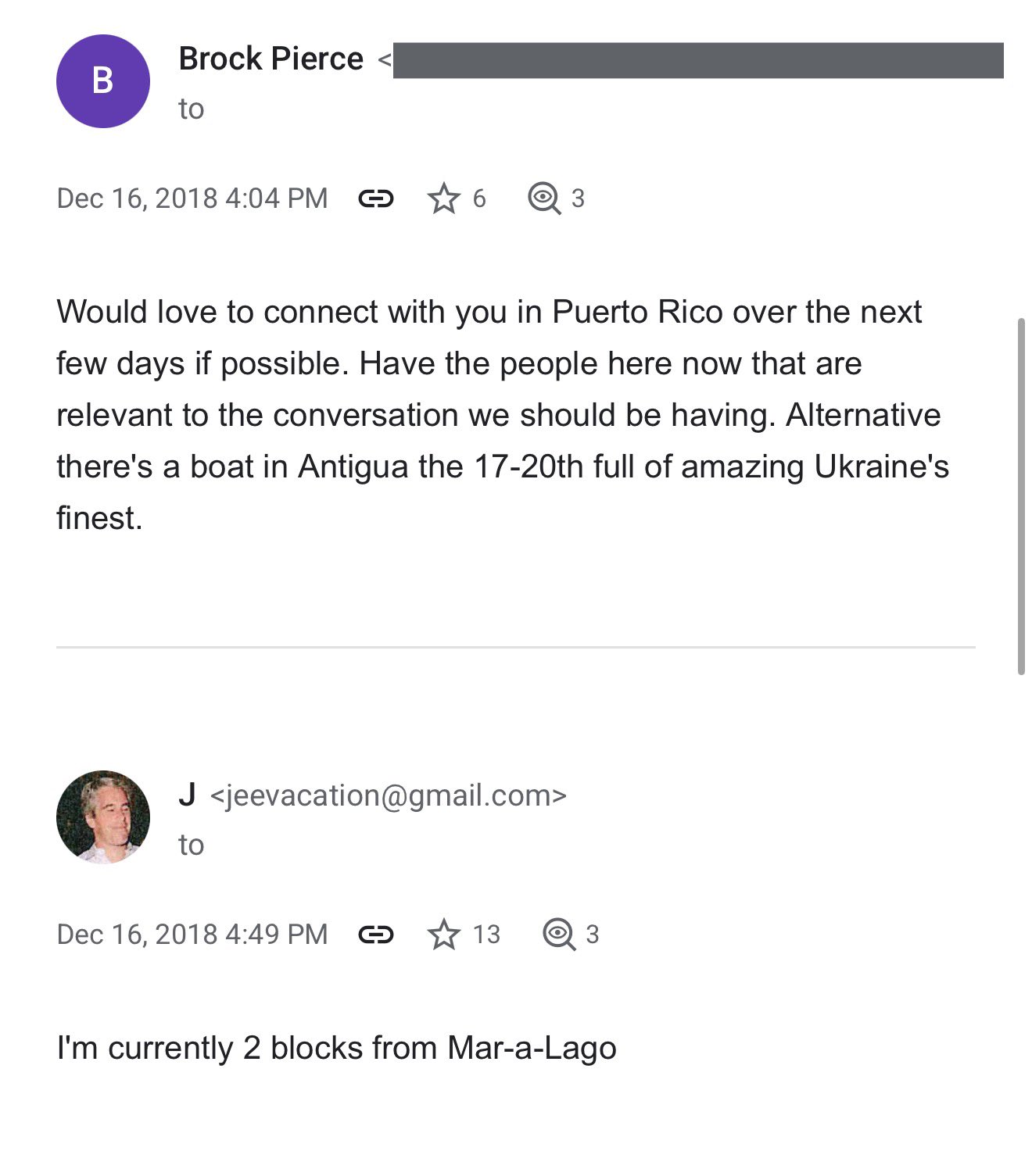 Screenshot of a December 2018 email exchange between Brock Pierce and the account jeevacation@gmail.com